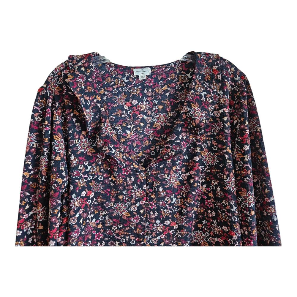 MASON & BELLE XXL 2X Blouse Button Up Dark Floral Ruffle Collar Long Sleeve 46" - Picture 2 of 7